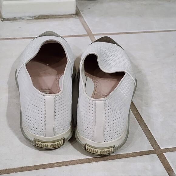 Miu Miu Embossed white metallic silver Leather Cap-Toe loafers 37 us size 6.5 7 - Picture 8 of 13